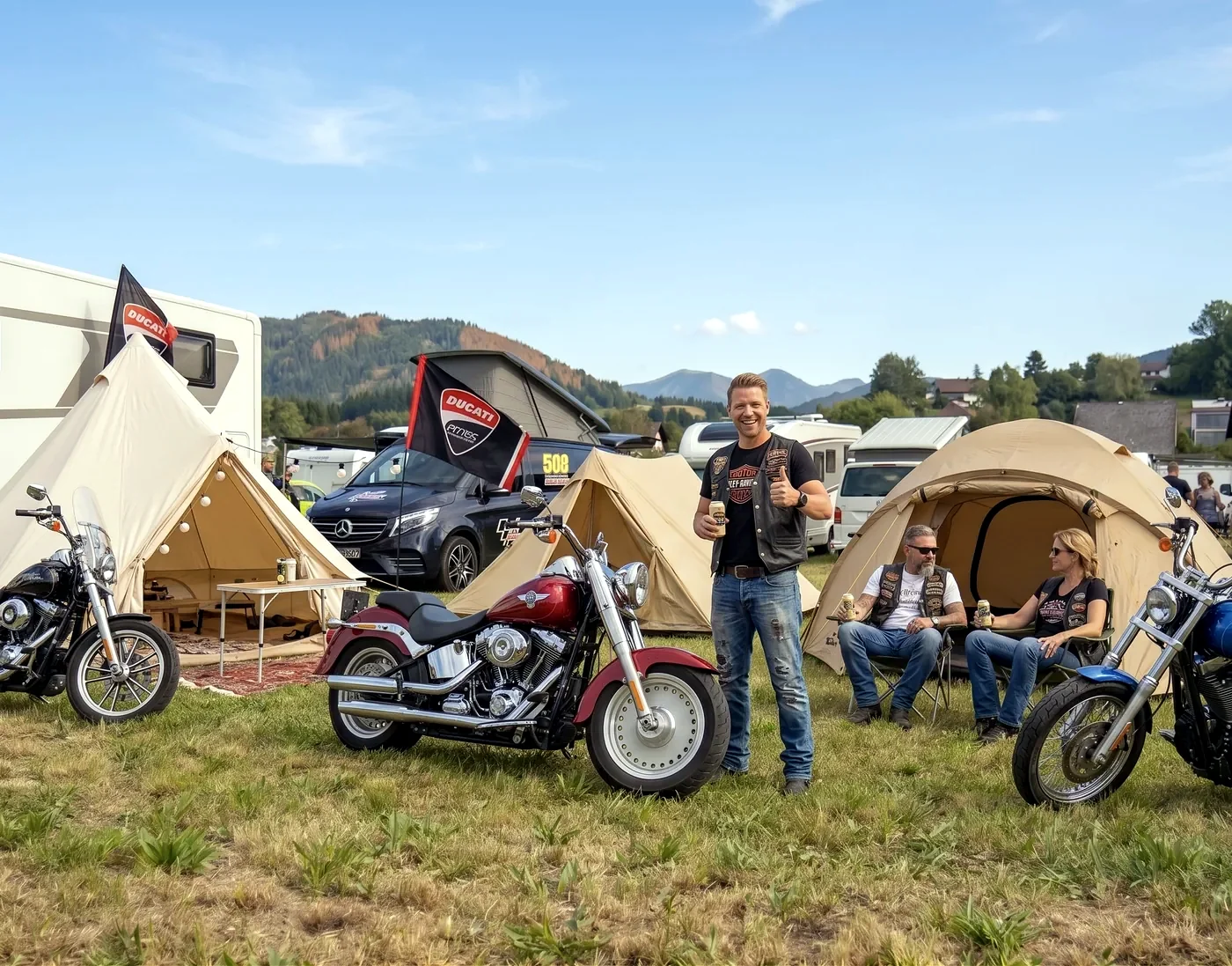 Mit Harley und Hippie-Zelt macht es doppelt Spaß am Campingplatz